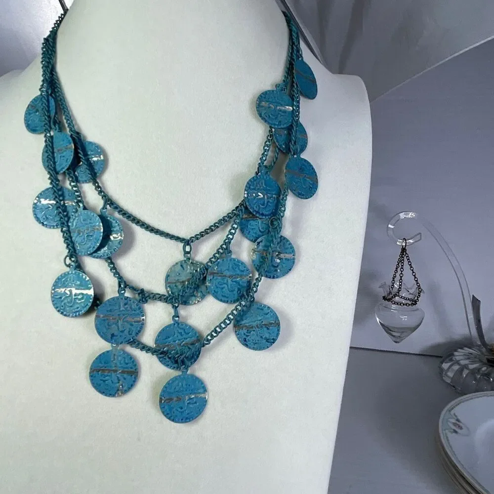 Boho 3 strand distressed metal coin necklace & long earrings